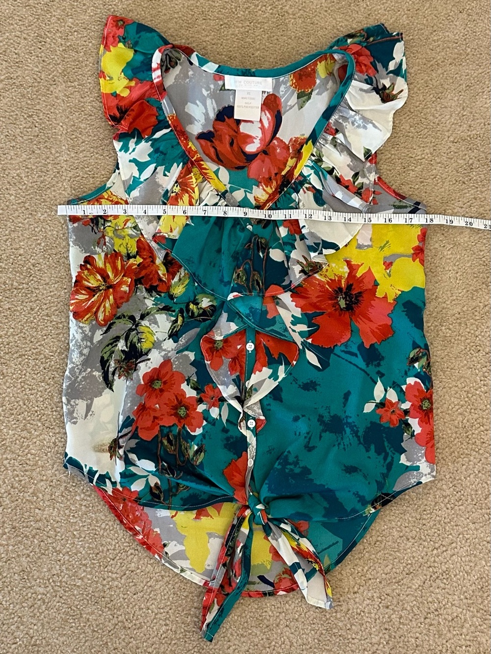 MM Couture Multicolor Floral Ruffle Tie-Front Sleeveless Blouse Button XS